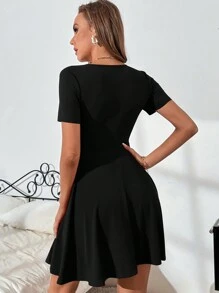 SHEIN Frenchy Solid A-Line Dress Black Summer Casual - Black - View 2