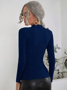 SHEIN Clasi Chất rắn Cổ giả Đồ đan Ribbed Áo len - Màu xanh hải quân - Xem 2
