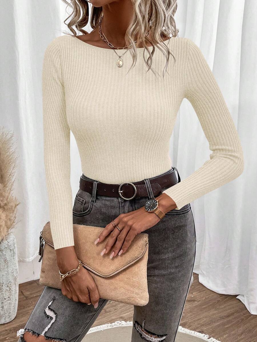 SHEIN Clasi Boat Neck Ribbed Knit Sweater,Long Sleeve Tops In Fall/Winter - Apricot - View 1
