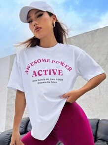 Easithlete 標語圖案落肩袖運動T恤 - 玫紅色 - 查看 1