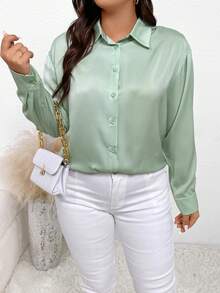 SHEIN Frenchy Hơn Chất rắn Nút phía trước Xa ten Áo sơ mi - Màu xanh Bạc hà - Xem 6