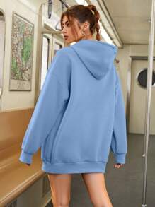 SHEIN EZwear 素色落肩袖抽繩加絨內裏連帽衫 - 藍色 - 查看 1