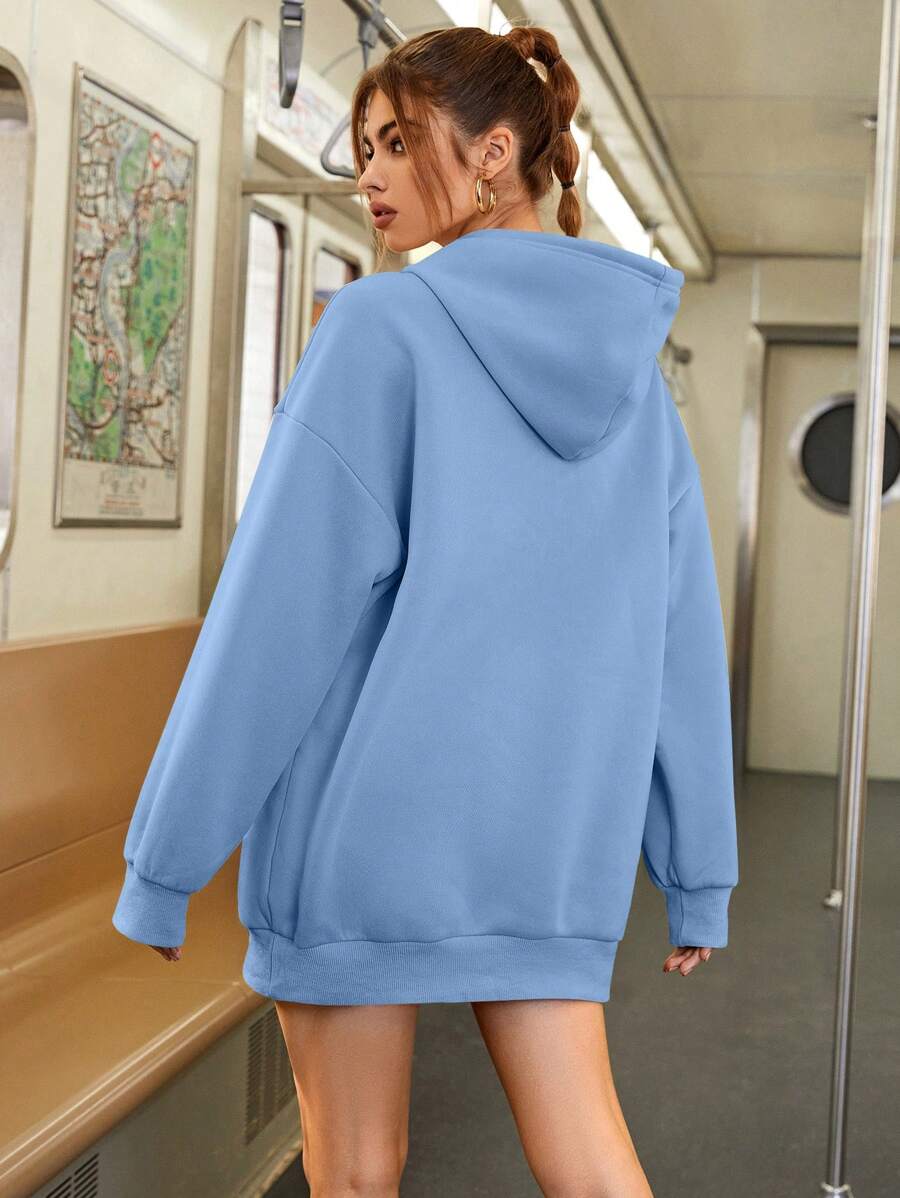 SHEIN EZwear 素色落肩袖抽繩加絨內裏連帽衫 - 藍色 - 查看 1