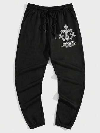 Goth Jungen Jogginghose mit Kordelzug in der Taille und Kreuz & Slogan GrafiK