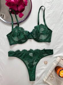 Floral Lace Underwire Lingerie Set - Dark Green - View 5