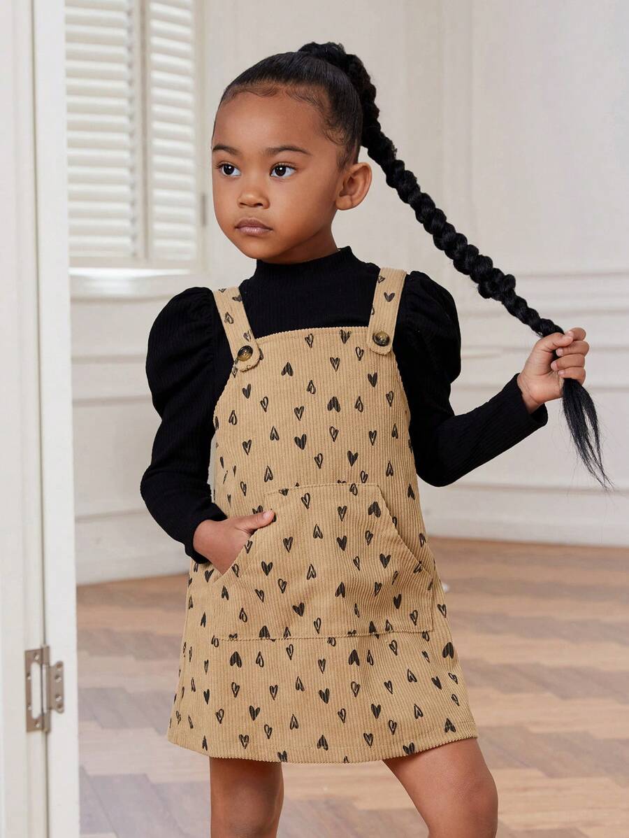 年輕女孩小高領絞腿袖 T 恤和心型印花連身裙 - 彩色 - 查看 1