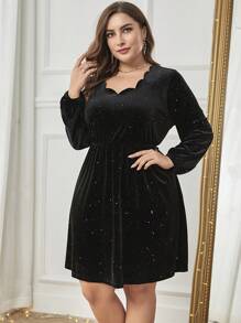 SHEIN LUNE 大碼貝殼邊燈籠袖貝殼邊絲絨洋裝