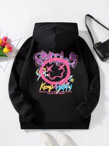 少女卡通字母图案袋鼠口袋保暖卫衣 - 黑色 - 查看 1