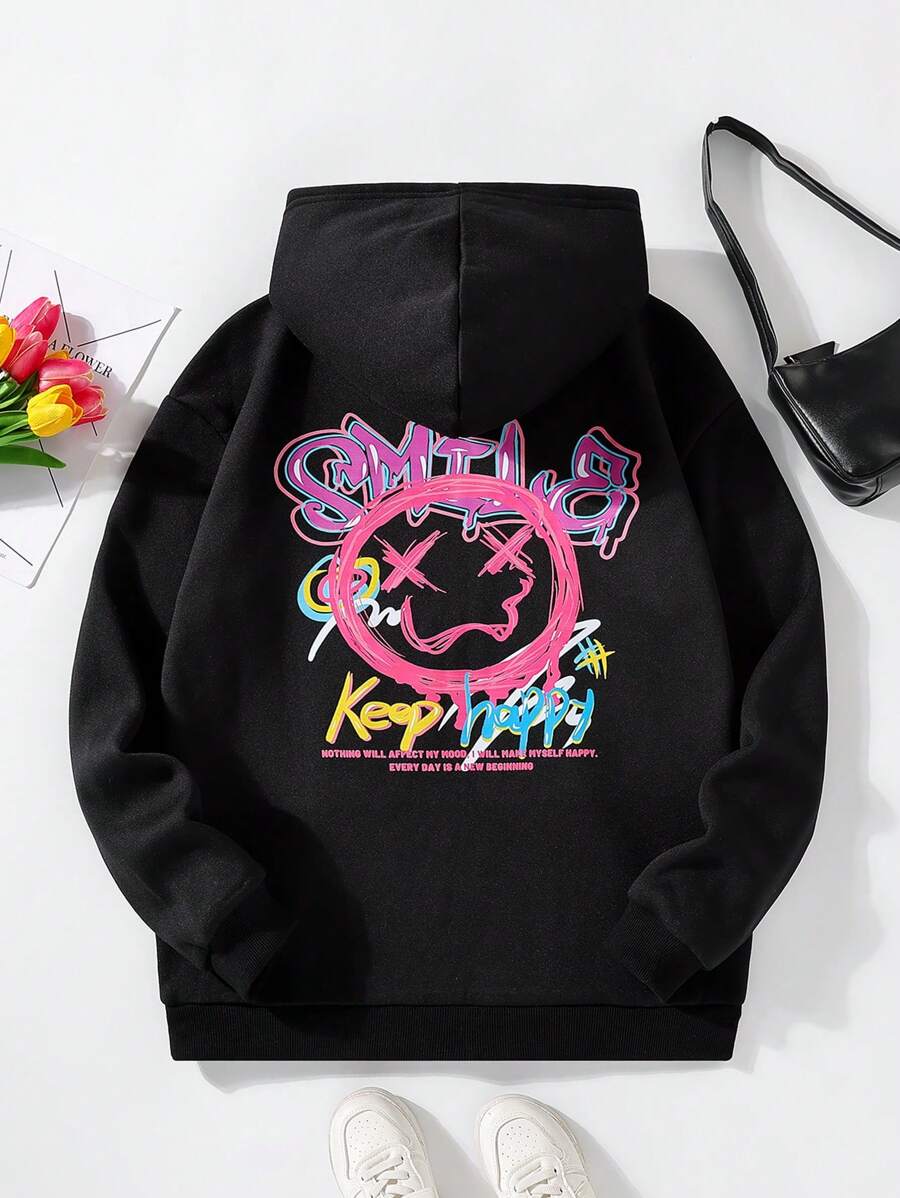 少女卡通字母图案袋鼠口袋保暖卫衣 - 黑色 - 查看 1