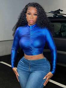 Slaydiva Áo thun croptop cổ cao nhún bèo phía trước - Màu xanh lam - Xem 5