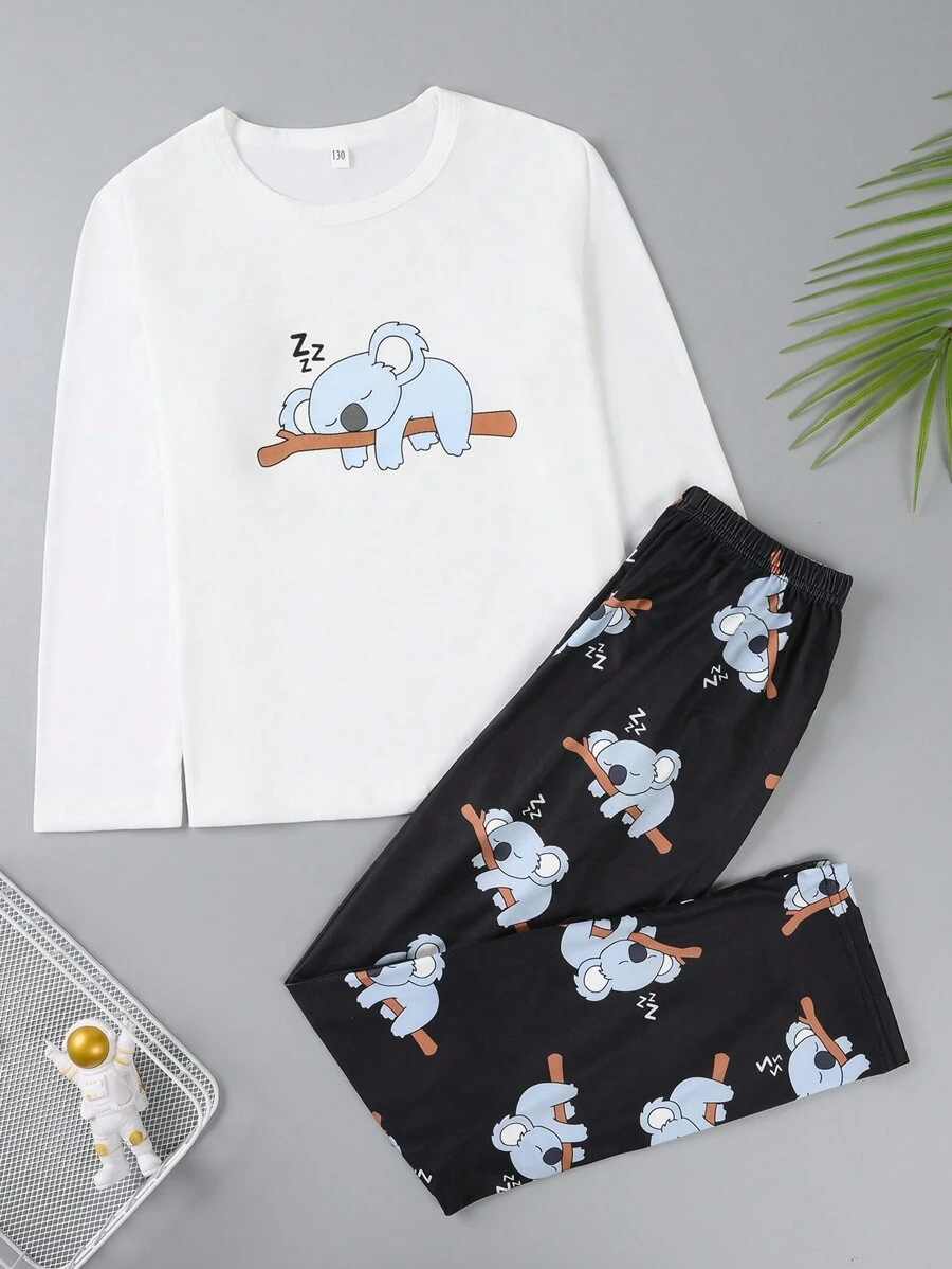 Tween Girl Koala Print Tee & Trousers PJ Set - Black and White - View 1