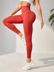 Seamless Wide Waistband Sports Leggings - Red - View 3