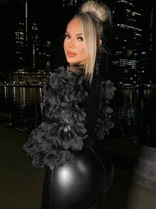 SHEIN SXY 貼花燈籠袖PU皮革夾克 - 黑色 - 查看 2