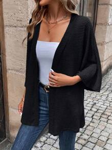 素色蝙蝠袖開門襟外套 - 黑色 - 查看 4