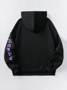 少女日文字母和中国龙图案落肩卫衣 - 黑色 - 查看 2