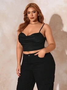 SHEIN SXY Plus Draped Collar Ruched Cami Top - Black - View 3