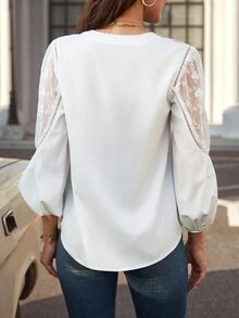 SHEIN Clasi Floral Print Contrast Mesh Lantern Sleeve Blouse - White - View 6