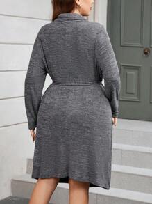 SHEIN Clasi Hơn Cổ bò Vá Túi Váy có thắt lưng - Màu xám đen - Xem 2