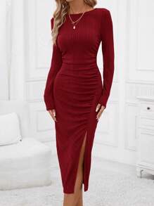SHEIN Clasi Kleid mit Einfarbig Rüschen, Schlitz, - Bordeaux - Übersicht 3