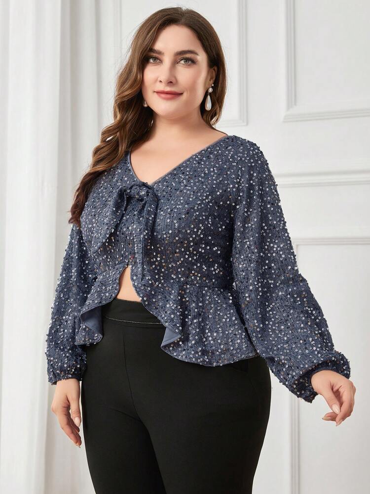 Plus Knot Front Lantern Sleeve Sequin Blouse