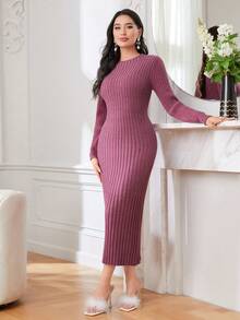 Modelyn Solid Ribbed Knit Sweater Dress - Red - View 6