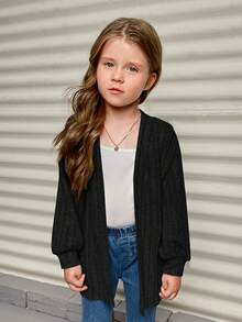 SHEIN 女小童落肩袖開門襟外套 - 黑色 - 查看 4