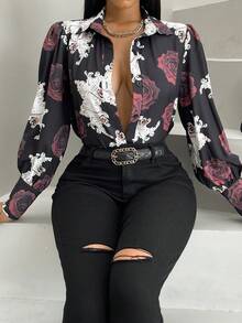 SHEIN Slayr In hoa Nút phía trước Áo sơ mi - Nhiều màu - Xem 4