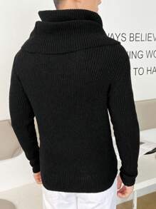 Manfinity RebelGame 男士素色堆堆領條紋針織套頭毛衣 - 黑色 - 查看 2