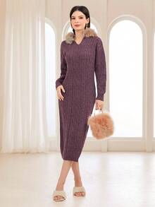 Modelyn 毛茸邊落肩袖連帽毛衣洋裝 - 酒紅色 - 查看 3