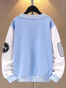 男大童字母圖案撞色加絨內裏飛行員夾克 - 淺藍色 - 查看 2