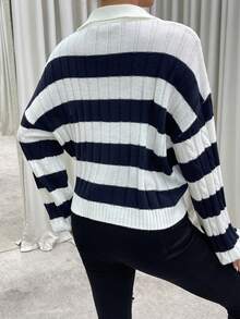 SHEIN Essnce Hai âm Thả vai Xoắn Dan Áo len - Xanh và trắng - Xem 2