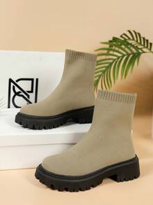 女士针织时尚靴子、2023年新款女士踝靴、女士黑色厚底高跟时尚靴子、女士秋冬靴子、女士户外战斗靴、女士性感黑色靴子、女士万圣节踝靴、女士厚底靴子、女士度假季厚底高跟靴子 - 杏色 - 查看 4