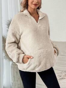 SHEIN Áo nỉ hở vai có khóa kéo nửa túi Kangaroo dành cho bà bầu, dùng cho mùa đông - Màu be - Xem 6