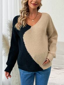 SHEIN Maternity Two Tone Drop Shoulder Sweater, For Winter - Khaki - View 2