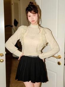 DAZY Damen Oberteil mit Stehkragen, Spitzenrüschen und Langarm