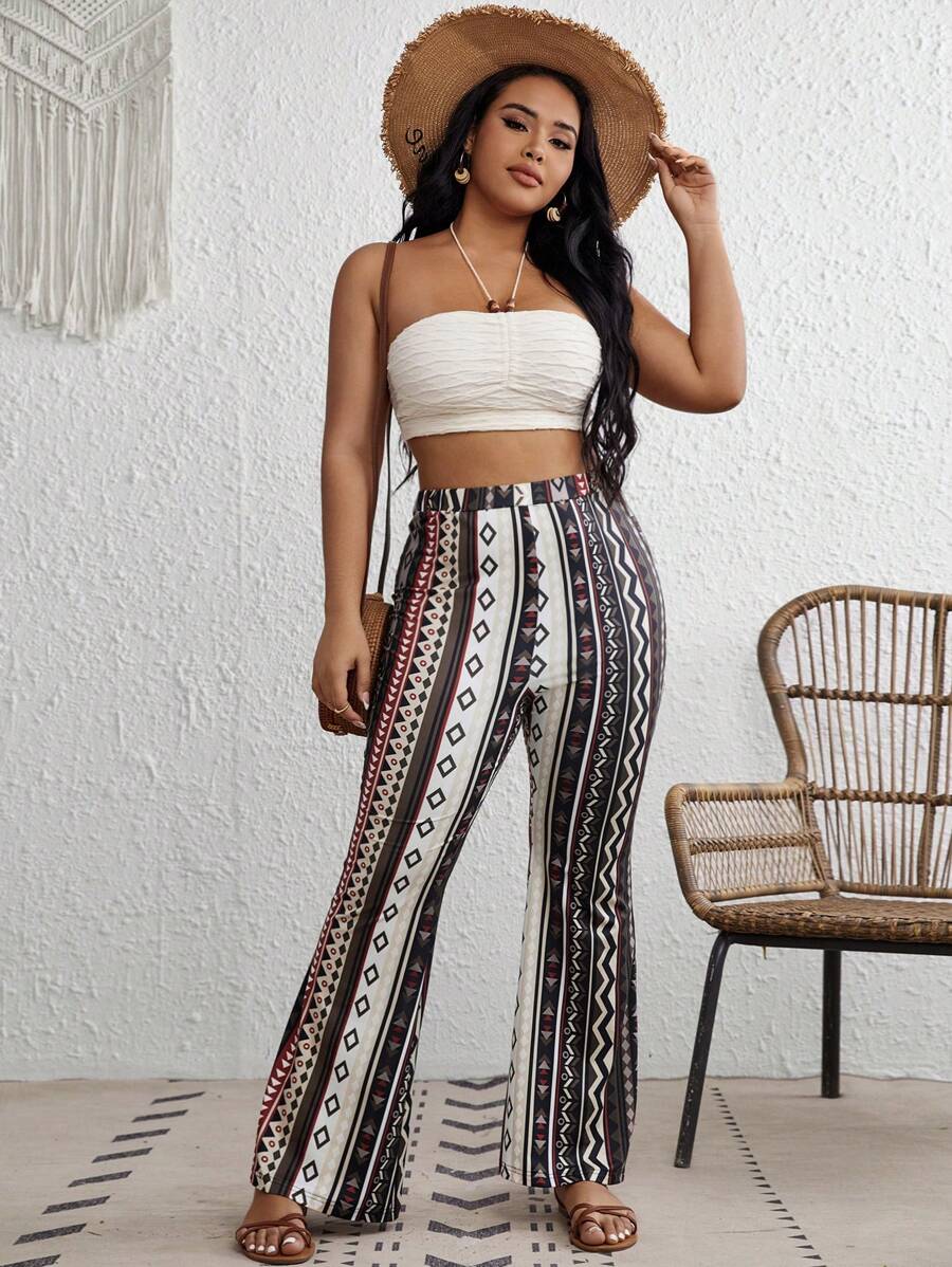 SHEIN VCAY 大碼幾何印花喇叭褲 - 彩色 - 查看 1