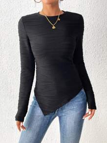 SHEIN LUNE Solid Asymmetrical Hem Tee - Black - View 3