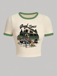 Frmlsstudio Skull & Letter Graphic Contrast Binding Tee - Beige - View 1