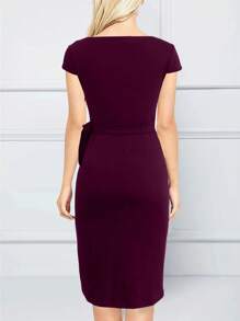 Asymmetrical Neck Knot Side Wrap Hem Dress - Maroon - View 2