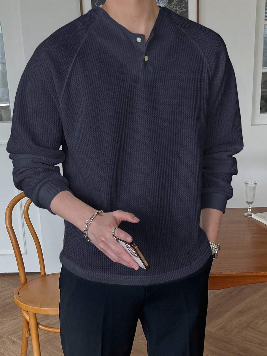 DAZY 男士半排扣華夫格編織插肩袖T恤 - 藏蓝色 - 查看 1