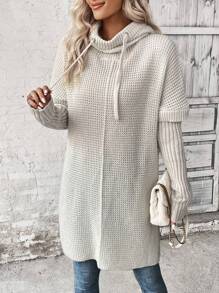 LanaWest Batwing Sleeve Drawstring Hooded Split Hem Sweater,Ladies Late Fall Casual Drawstring,Split Long Sleeve Loose Light Grey Batwing Sleeve Pullovers Women Sweaters,Long Sleeve Tops Knit Pullover Fall Winter Outfit - Light Grey - View 3