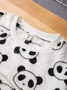 SHEIN Leap Crew Bộ 2 món dành cho bé gái tuổi teen, gồm áo hoodie ngắn tay và váy slip dress in hình gấu trúc, lót giữ nhiệt, chất liệu dày dặn. - Đen và trắng - Xem 3