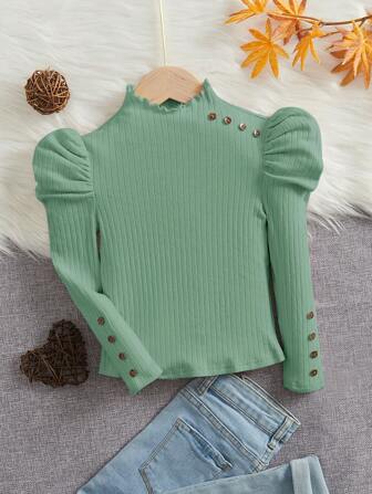 SHEIN Young Girl Mock Neck Button Detail Gigot Sleeve Tee