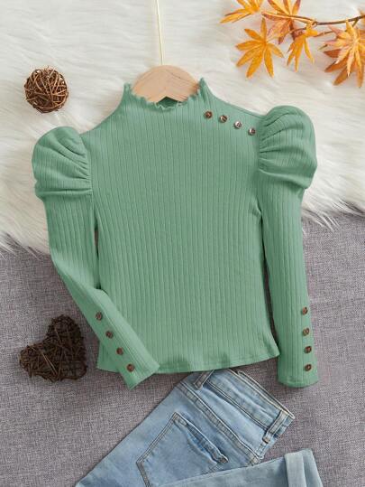 SHEIN Young Girl Mock Neck Button Detail Gigot Sleeve Tee