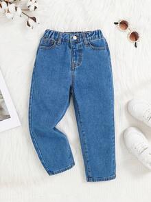 SHEIN 女孩蝴蝶圖案直筒牛仔褲 - 中等水洗藍 - 查看 2