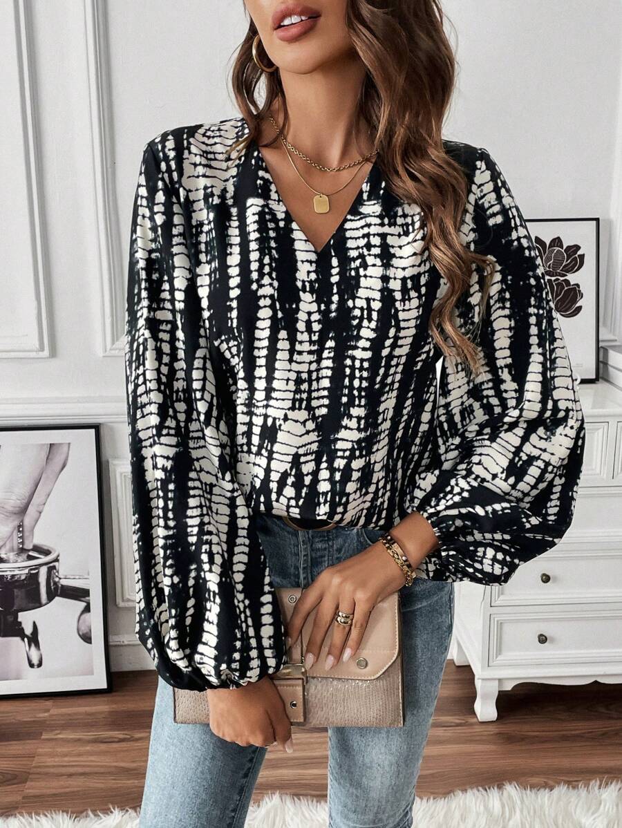 SHEIN Frenchy Nhuộm buộc Tay áo lồng đèn Áo sơ mi - màu đen - Xem 1