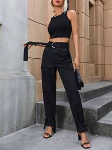 SHEIN Unity 高腰束帶翻蓋細部長褲 - 黑色 - 查看 6