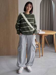 FRIFUL Striped Pattern Drop Shoulder Sweater,Long Sleeve Tops,Fall Clothes