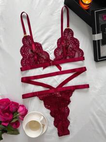 Spicy Aura Set Pakaian Dalam Seksi dengan Hiasan Renda & Pita - Burgundy - View 2
