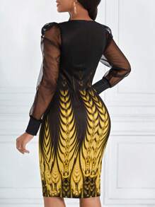 SHEIN Lady 網紗拼接泡泡袖緊身洋裝 - 黃色 - 查看 2